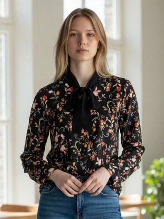 JustFab Tops - Just Fab Floral Long Sleeve Bouse Bow Tie Neck Sz. Large